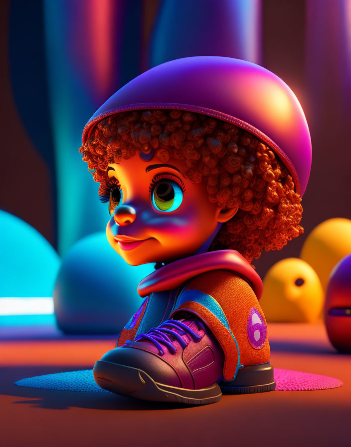 Stylized 3D illustration of child with curly hair in helmet and oversized shoes
