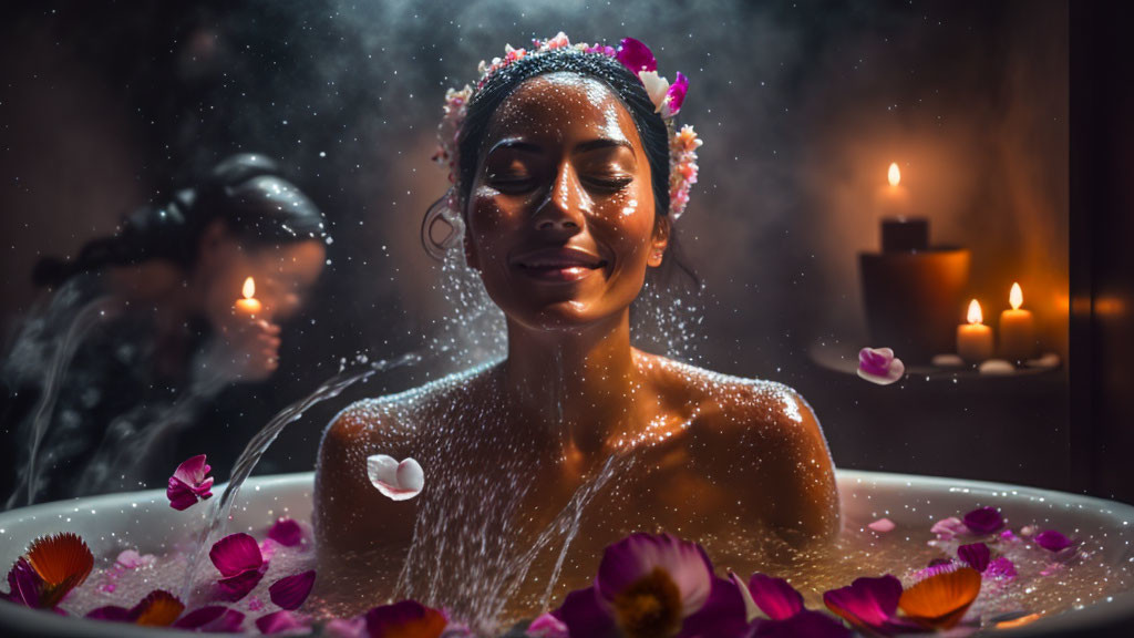 Woman relaxing in bath with floating flowers, water droplets, and glowing candles