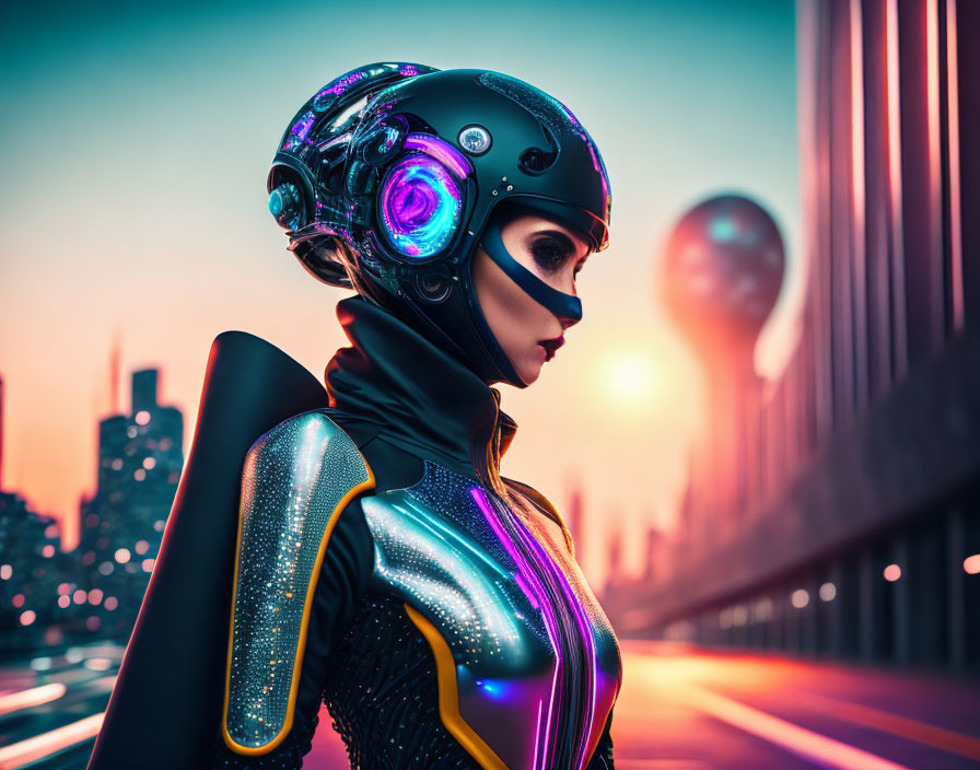 Futuristic sci-fi character in neon motorcycle gear at urban sunset.