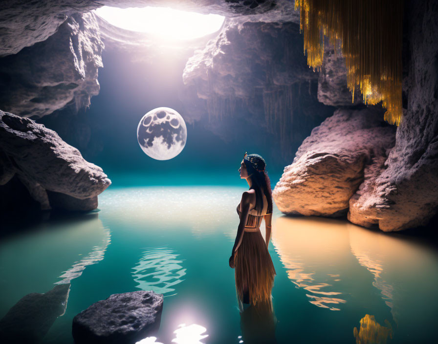Tribal woman in cave lake gazes at full moon