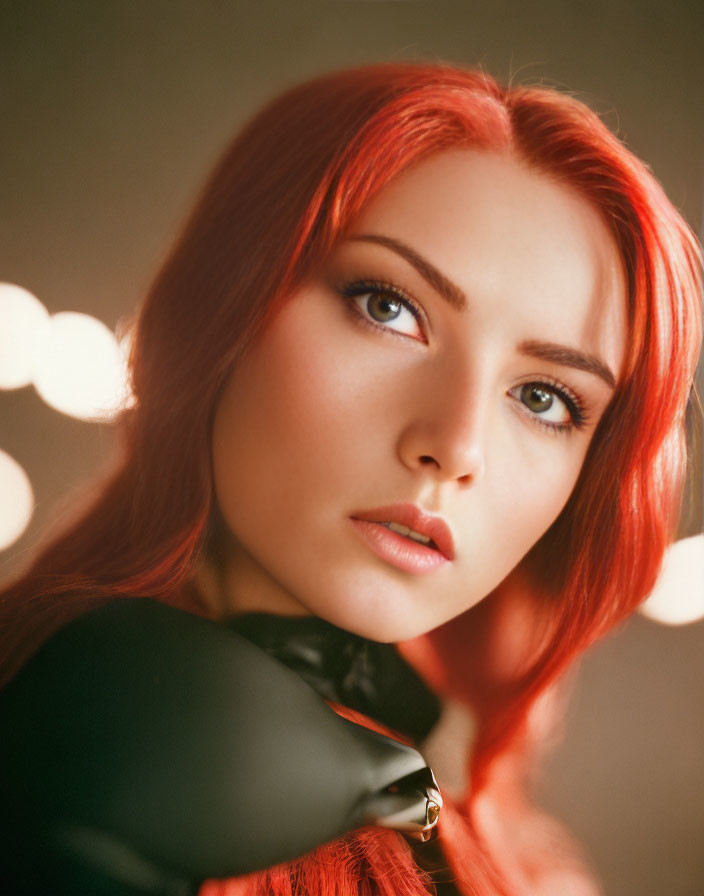 Red-haired woman with blue eyes in black top against bokeh lights