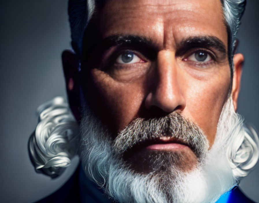 Close-up portrait of man with white hair and beard, intense gaze, in blue suit against dark background