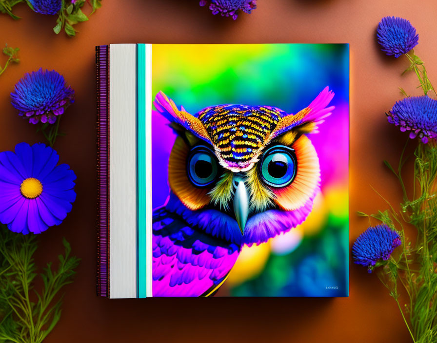 Colorful Book Cover: Stylized Owl with Mesmerizing Eyes on Orange Background