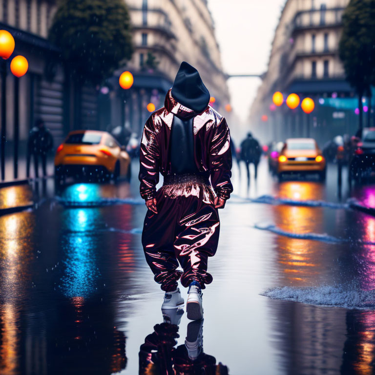 Shiny Outfit Person Walking on Wet Street with Blurred City Lights