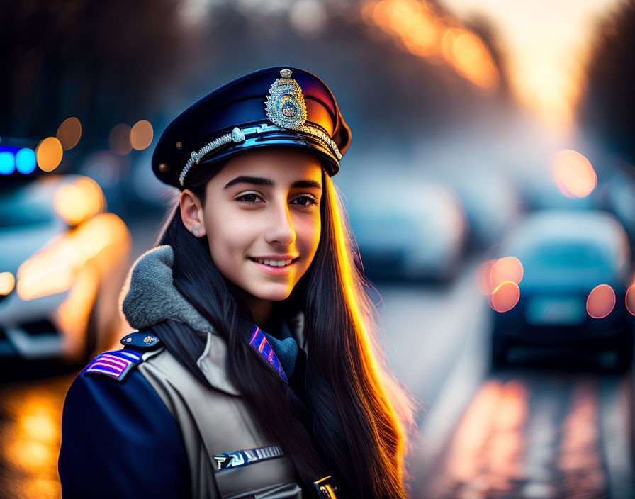 Smiling woman in police uniform on blurred street background at twilight