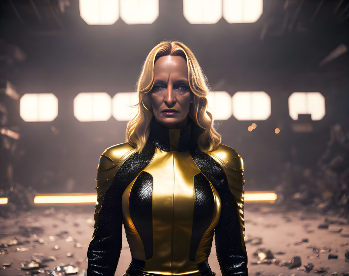 Confident Woman in Yellow and Black Superhero Costume in Desolate Setting