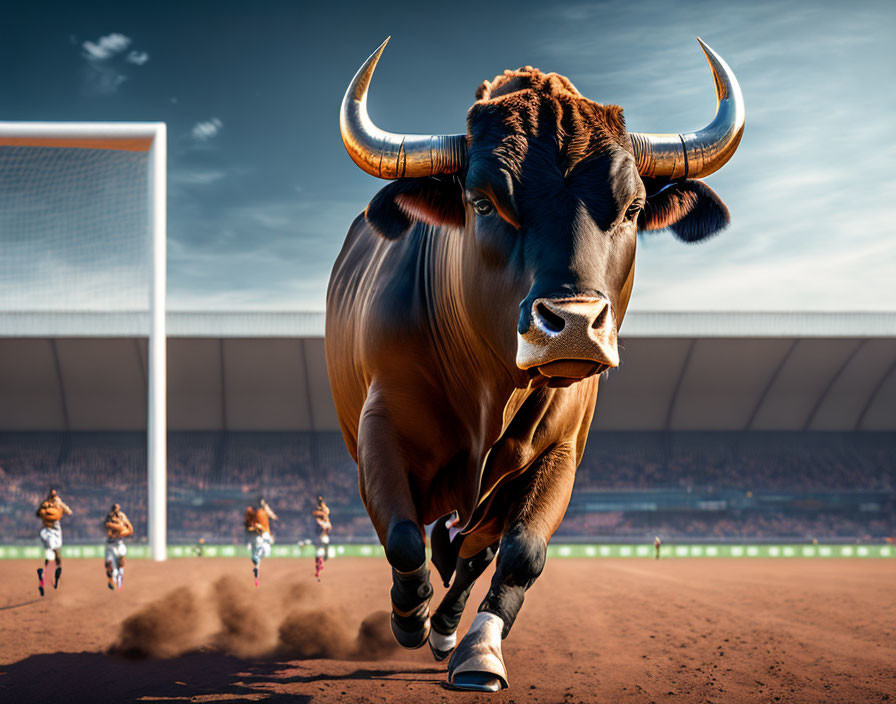 Digitally manipulated image: Bull in sneakers running on soccer field