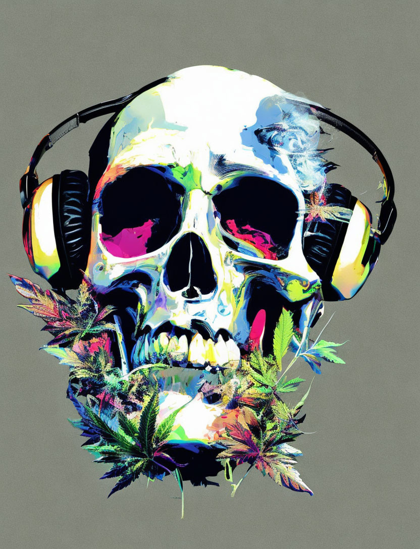 Skull with Headphones and Cannabis Leaves on Grey Background
