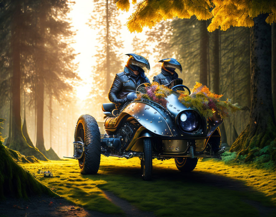 Helmeted duo on sidecar motorcycle in lush forest setting.