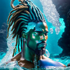 Man with braided hair submerged in water with droplets, blue underwater backdrop