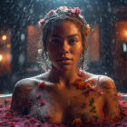Woman relaxing in bath with floating flowers, water droplets, and glowing candles