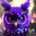 Illustrated purple owl with green eyes and tiara on soft-focus background