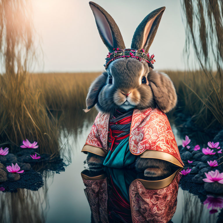 Rabbit in ornate attire by serene pond at dusk
