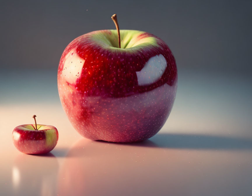 Large red apple with water droplets beside miniature apple on reflective surface