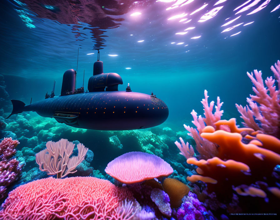 Colorful Coral Reefs Surround Submarine Underwater