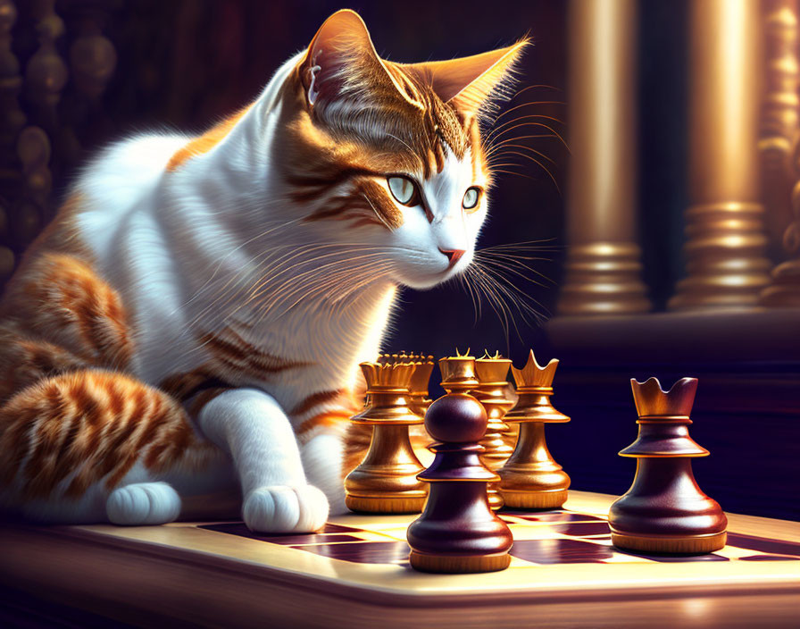 Domestic cat observing large chess pieces on chessboard with dramatic lighting