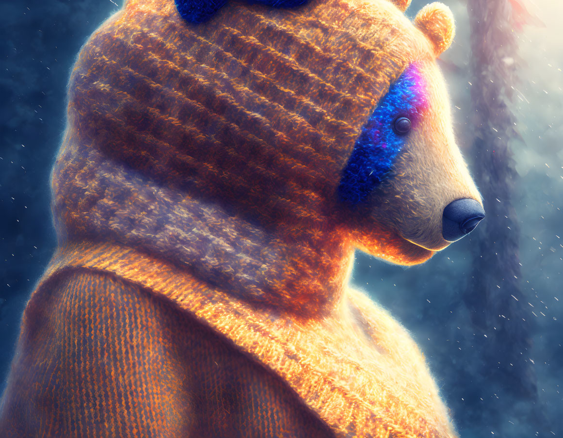 Anthropomorphic bear in cozy sweater and hat against snowy backdrop