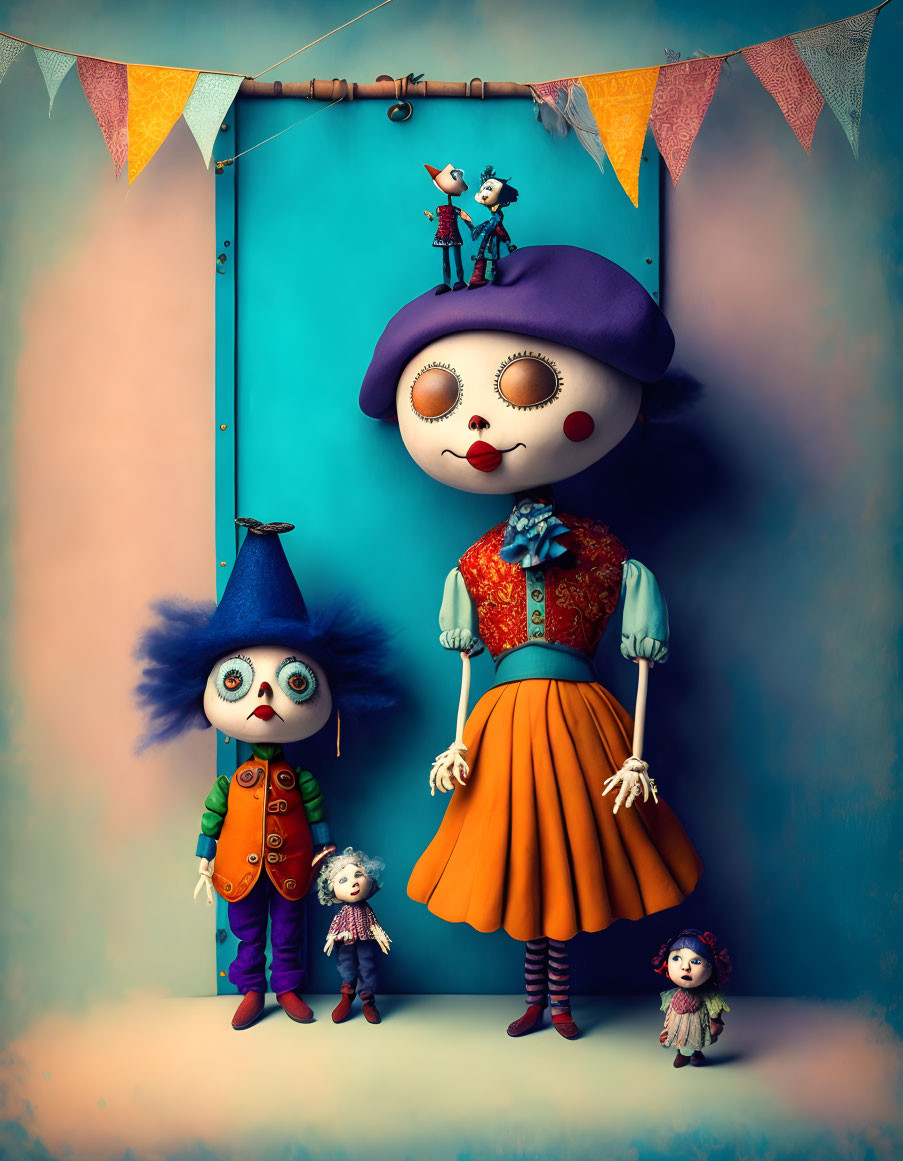 Colorful Stylized Dolls in Whimsical Digital Artwork