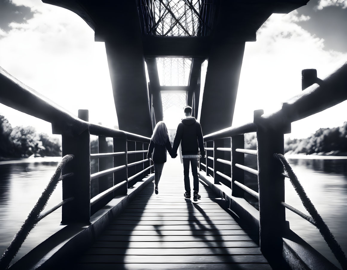 Couple Holding Hands Walk on Bridge Towards Light and Trees