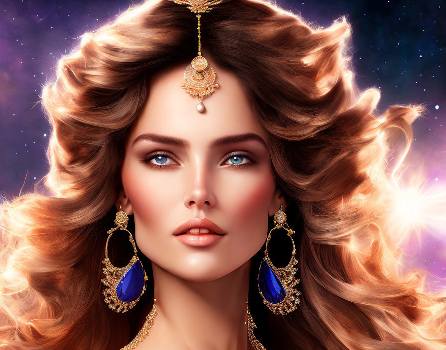 Digital artwork: Woman with voluminous brown hair, gold and sapphire jewelry, starry background
