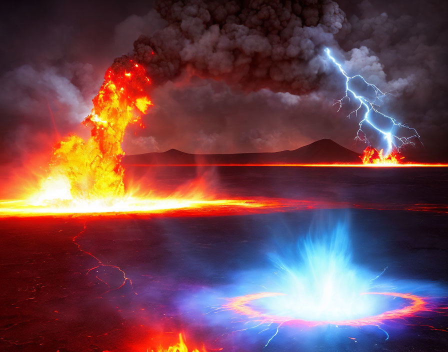 Volcanic eruption with lava and lightning display