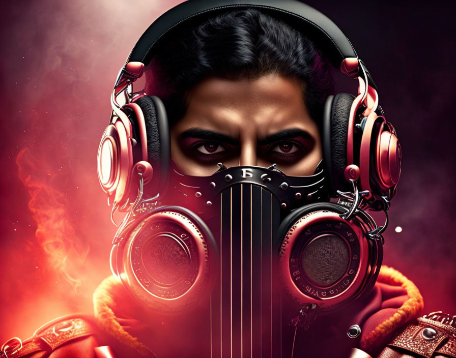 Person in Gas Mask with Headphones on Fiery Red Background