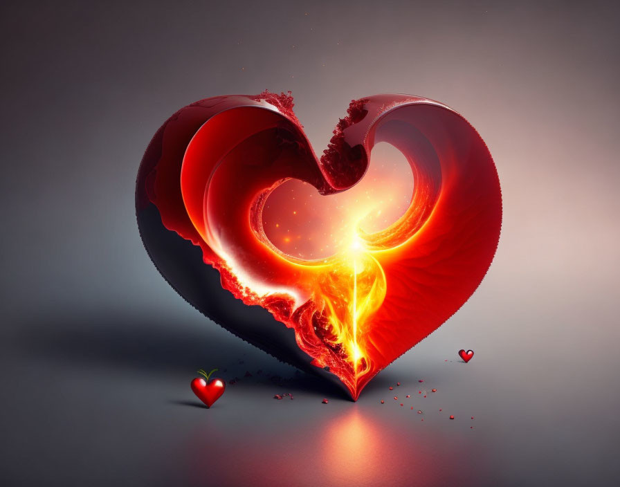 Heart-shaped structure with red molten core in digital artwork