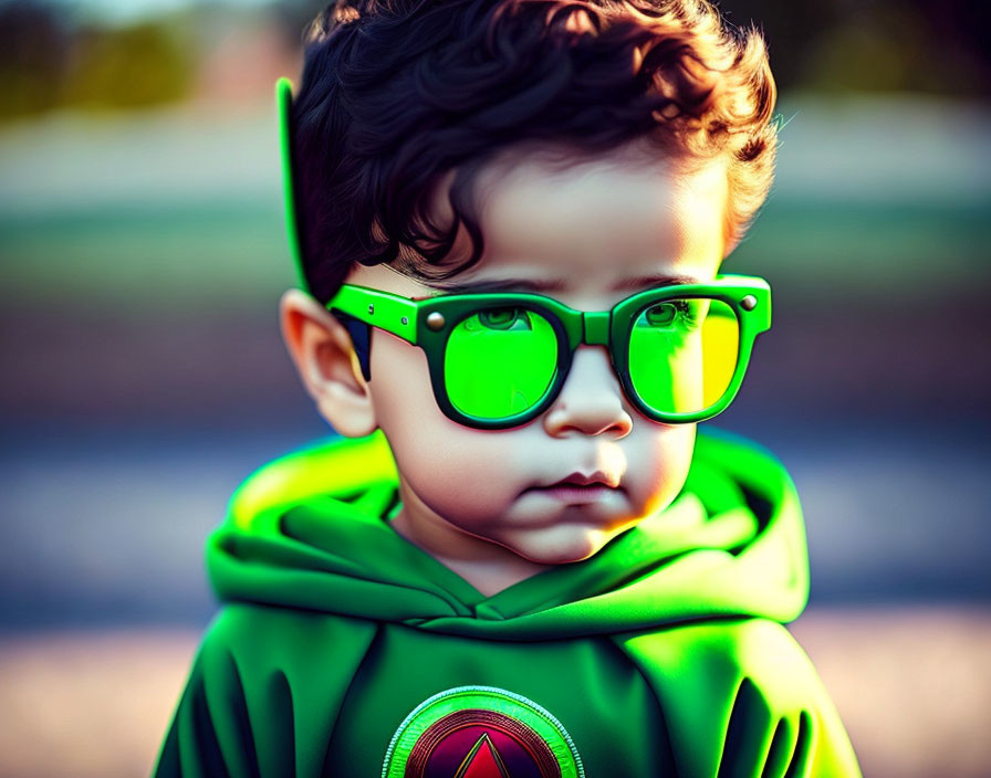Curly-Haired Child in Green Sunglasses and Hoodie with Red Logo
