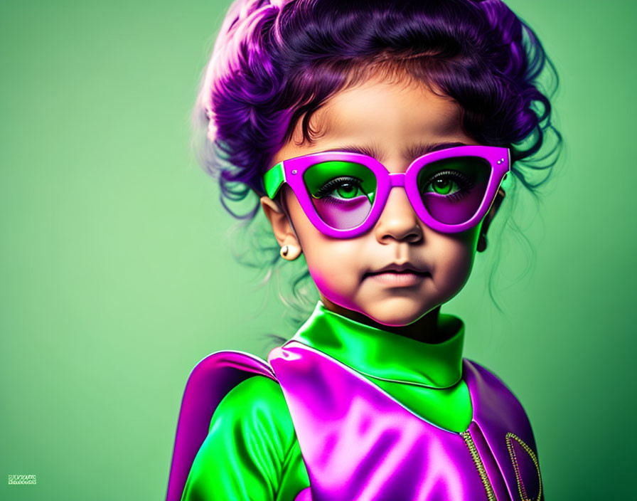 Curly Purple-Haired Child in Green Sunglasses and Outfit on Lime Green Background