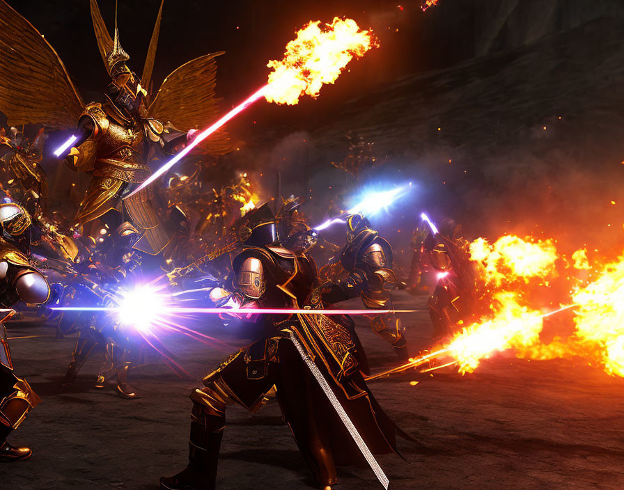 Fantasy warriors in ornate armor battling with energy-based weapons in fiery rocky landscape