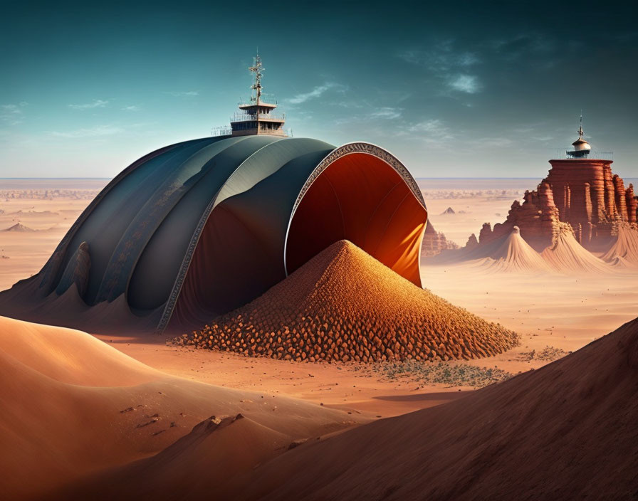 Large dome-like structure in futuristic desert facility with logs, towers, and dunes under clear sky