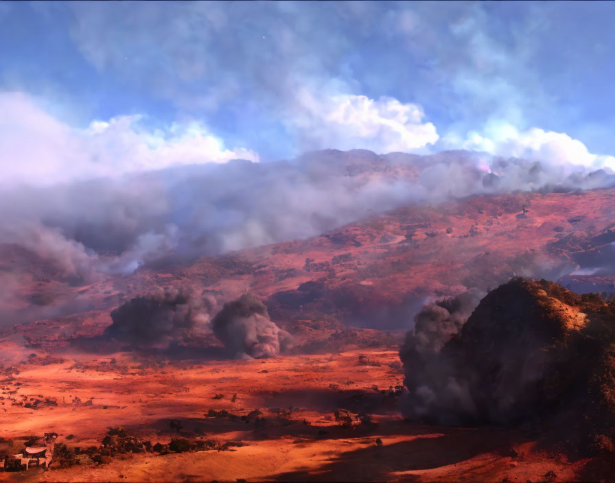 Dramatic landscape with rolling smoke clouds and burning ground