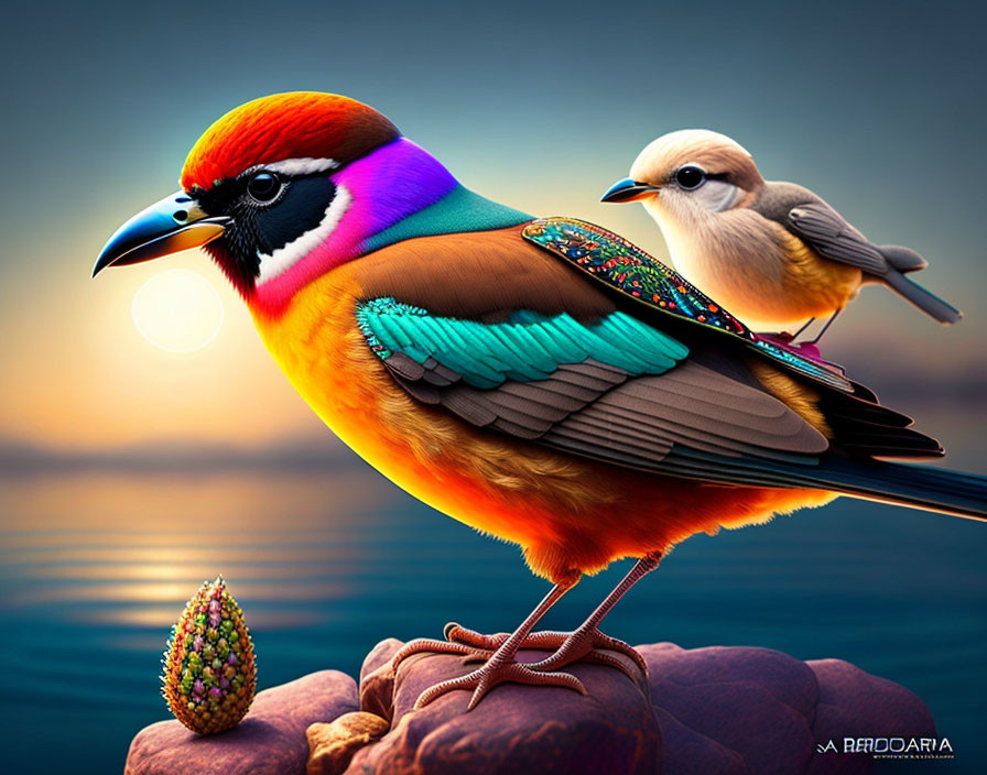 Colorful and fantastical bird with beige companion at sunset by water.