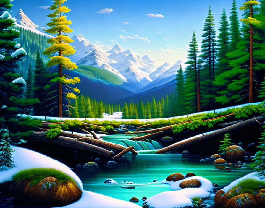 Mountainous forest landscape with turquoise river, fallen logs, pine trees, and snow-capped peaks.