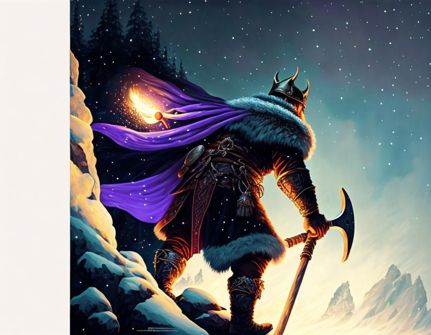 Warrior in horned helmet with axe and orb on snowy hill at night
