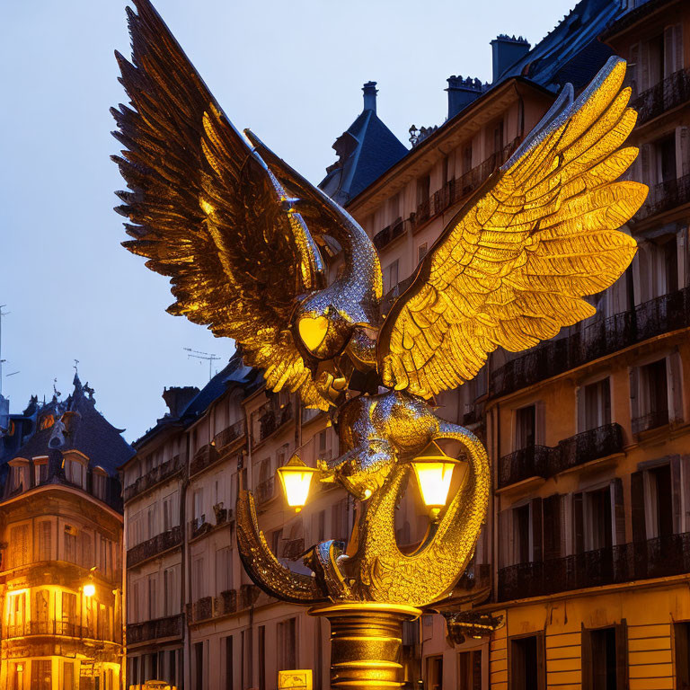 Golden eagle sculpture with spread wings in urban evening setting