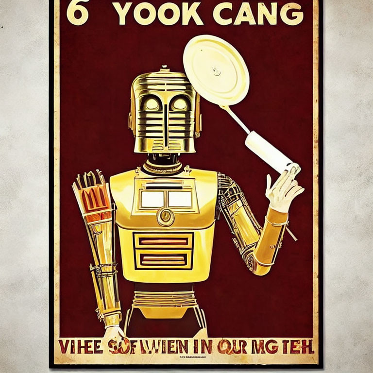 Golden robot with frying pan and spatula in vintage-style poster on red background