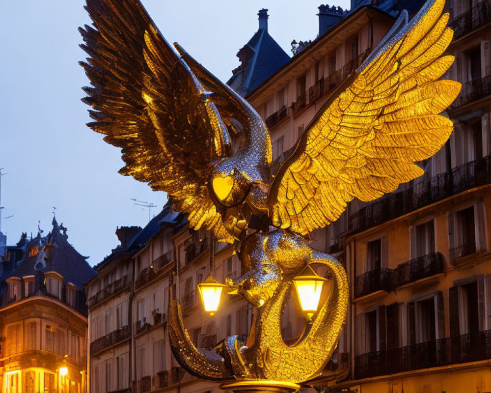 Golden eagle sculpture with spread wings in urban evening setting
