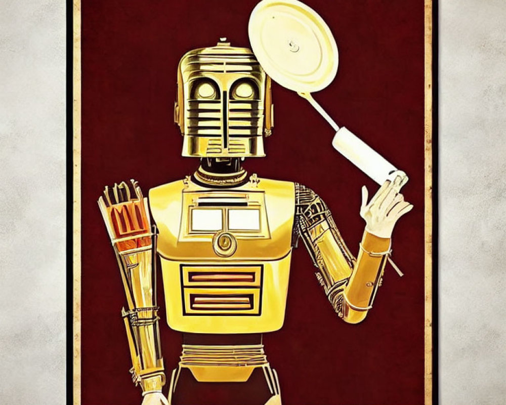 Golden robot with frying pan and spatula in vintage-style poster on red background