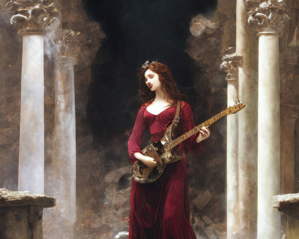 Red-haired woman in burgundy gown with stringed instrument among ancient columns