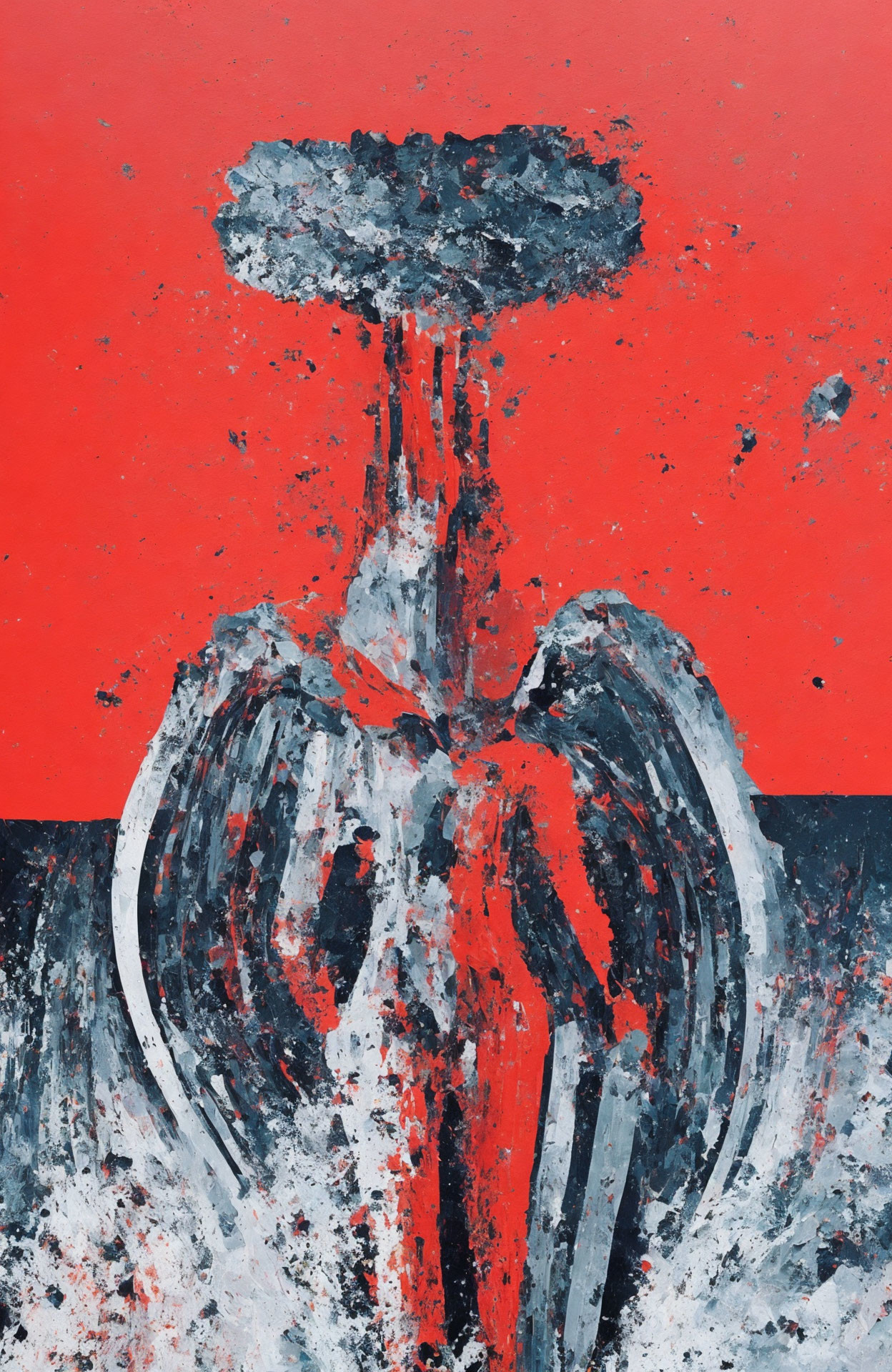 Abstract painting: Dark figure in explosive or floral form on red and black background.