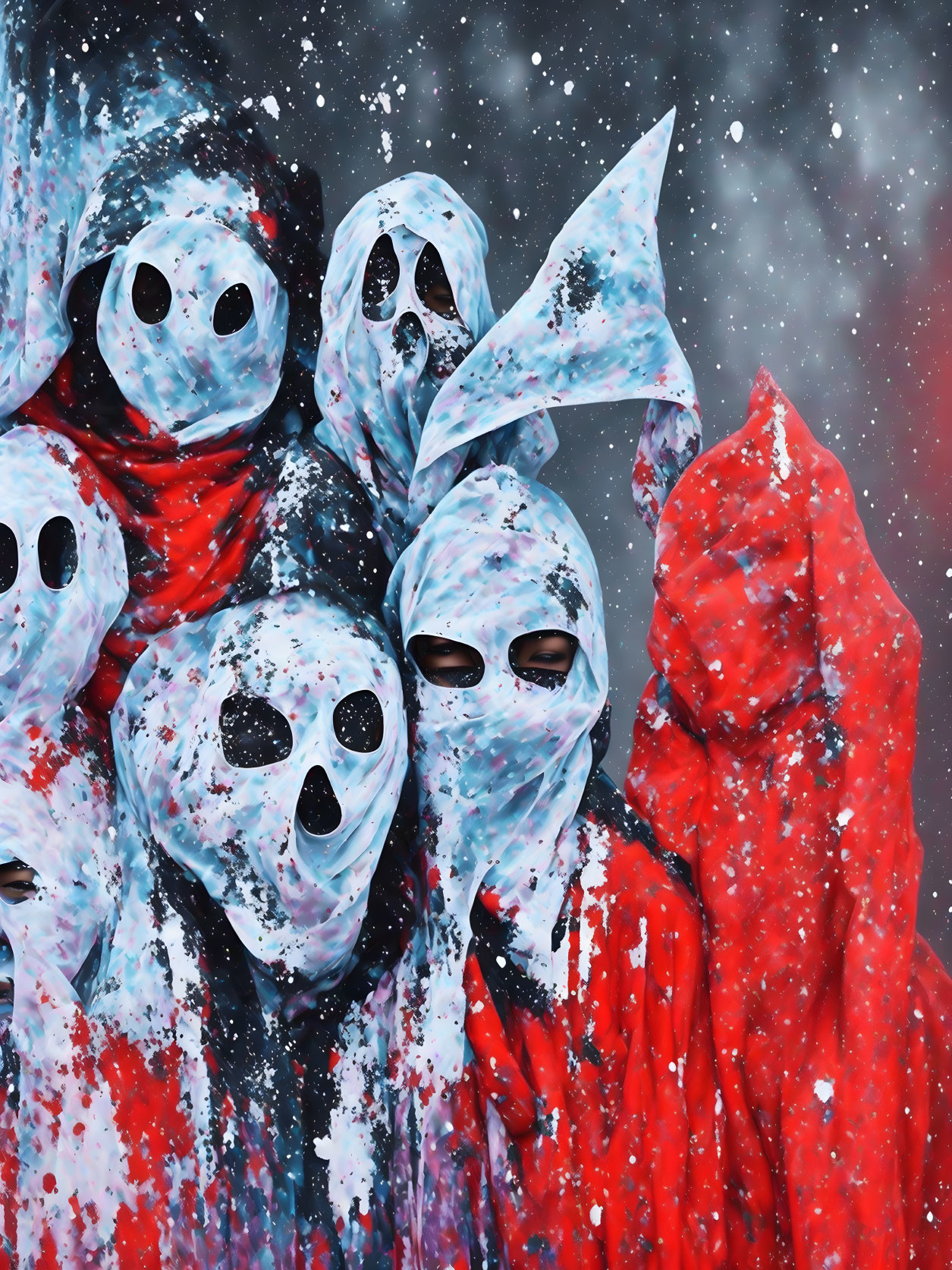 Group of People in Eerie White Masks and Scarlet Cloaks Standing in Snowstorm
