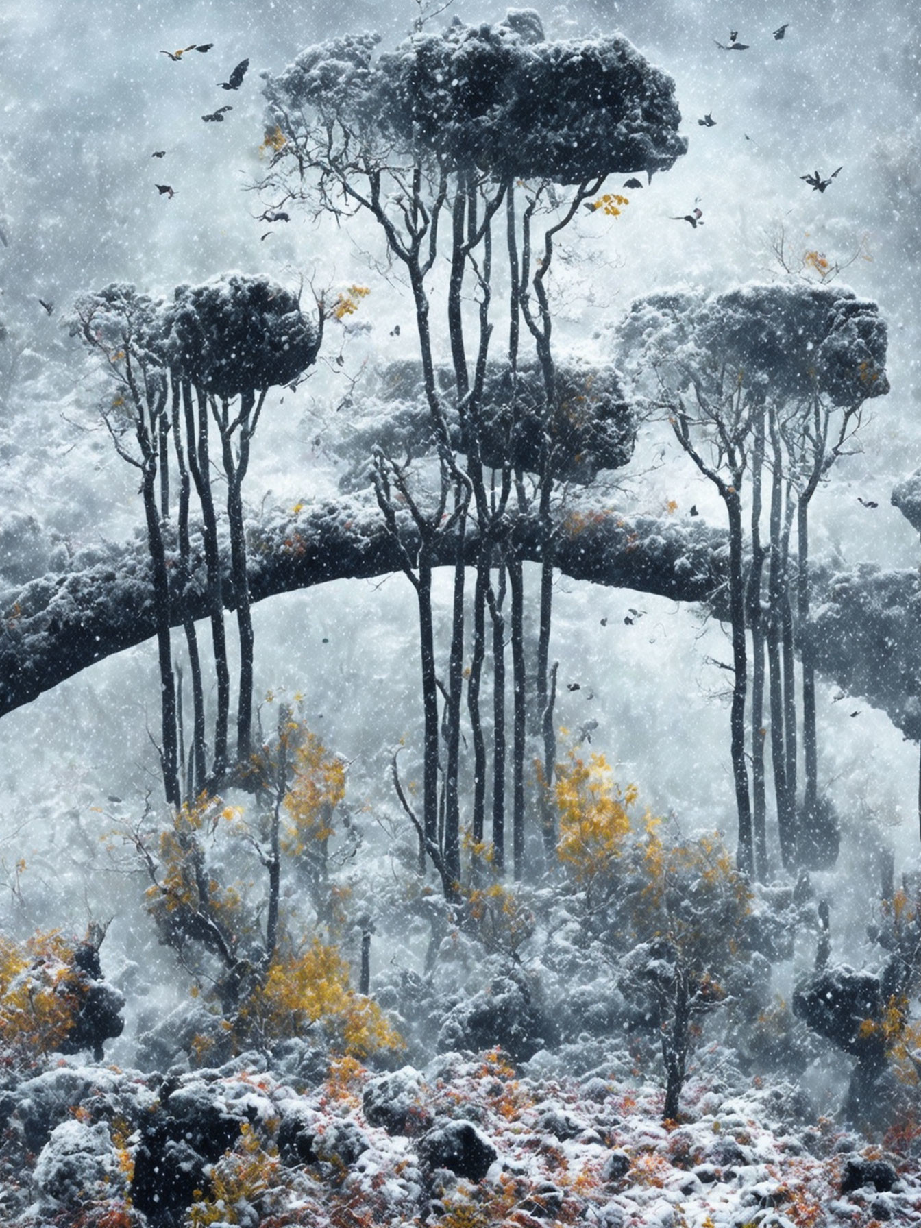 Mystical winter forest with tall trees, arching branches, flying birds, and snow-covered under