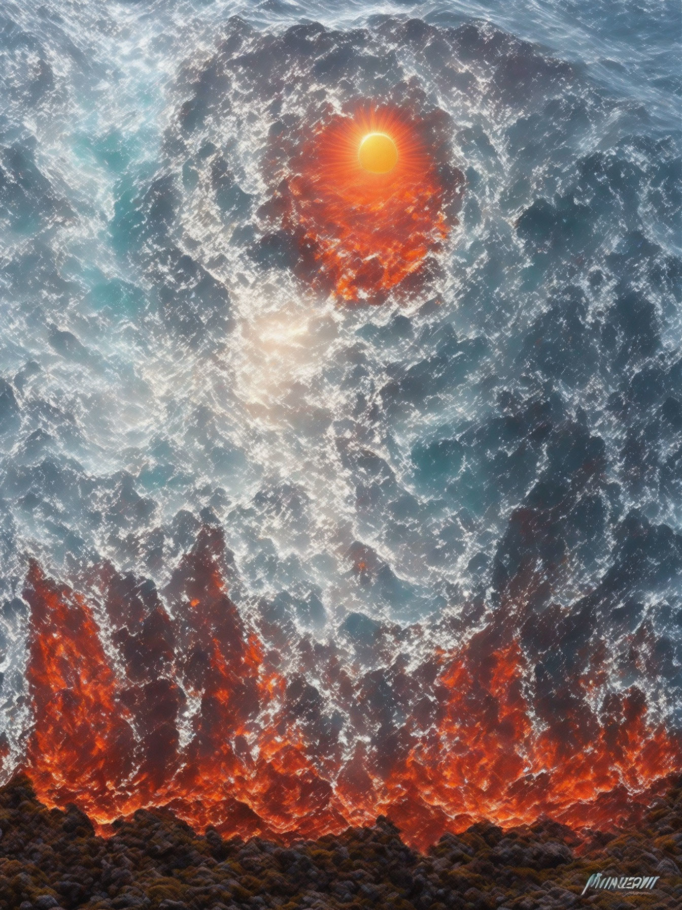 Surreal artwork of sun, water, fire vortex, rocky terrain