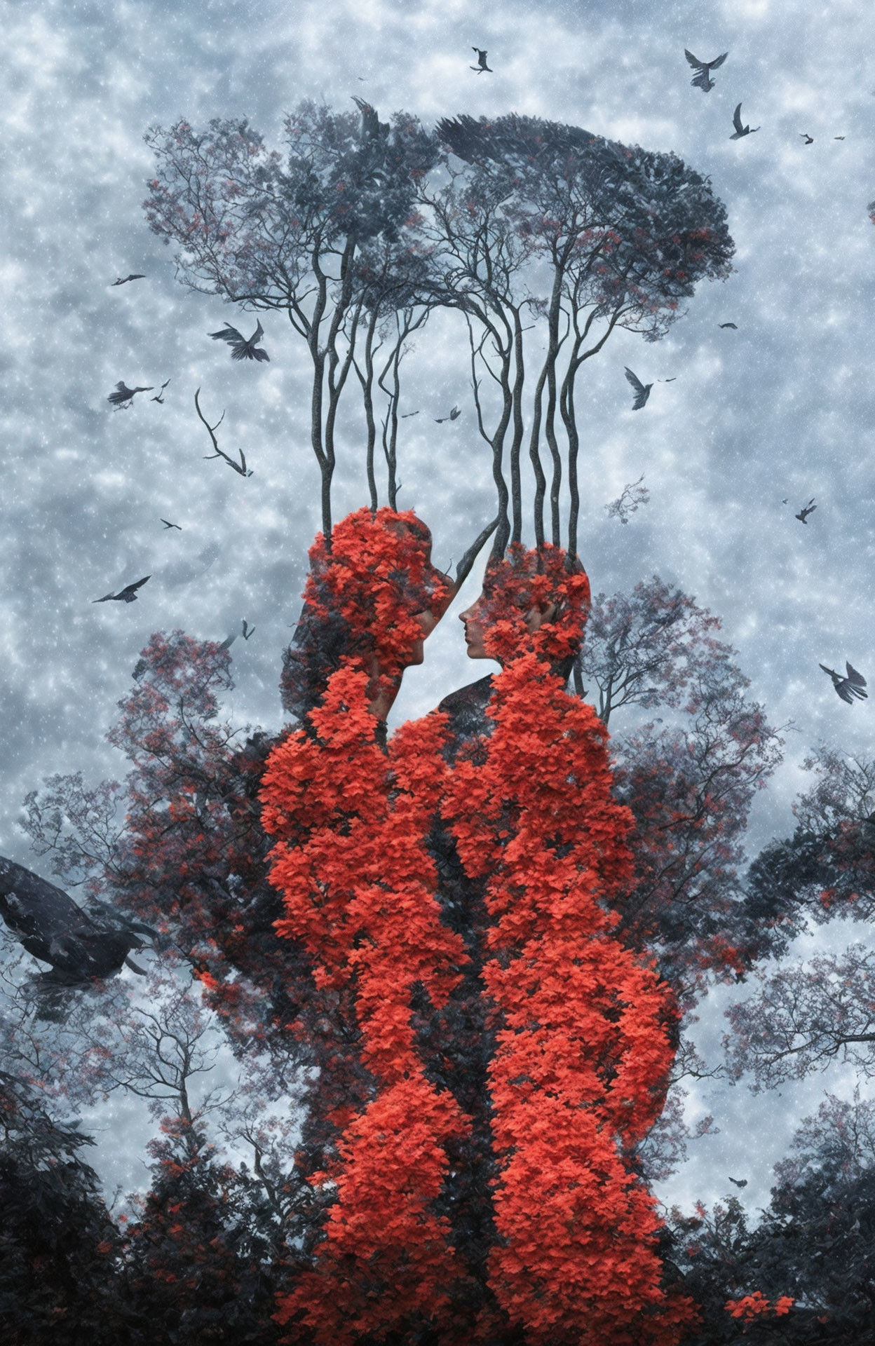 Red Leaf Silhouettes Embracing in Blue Forest with Birds