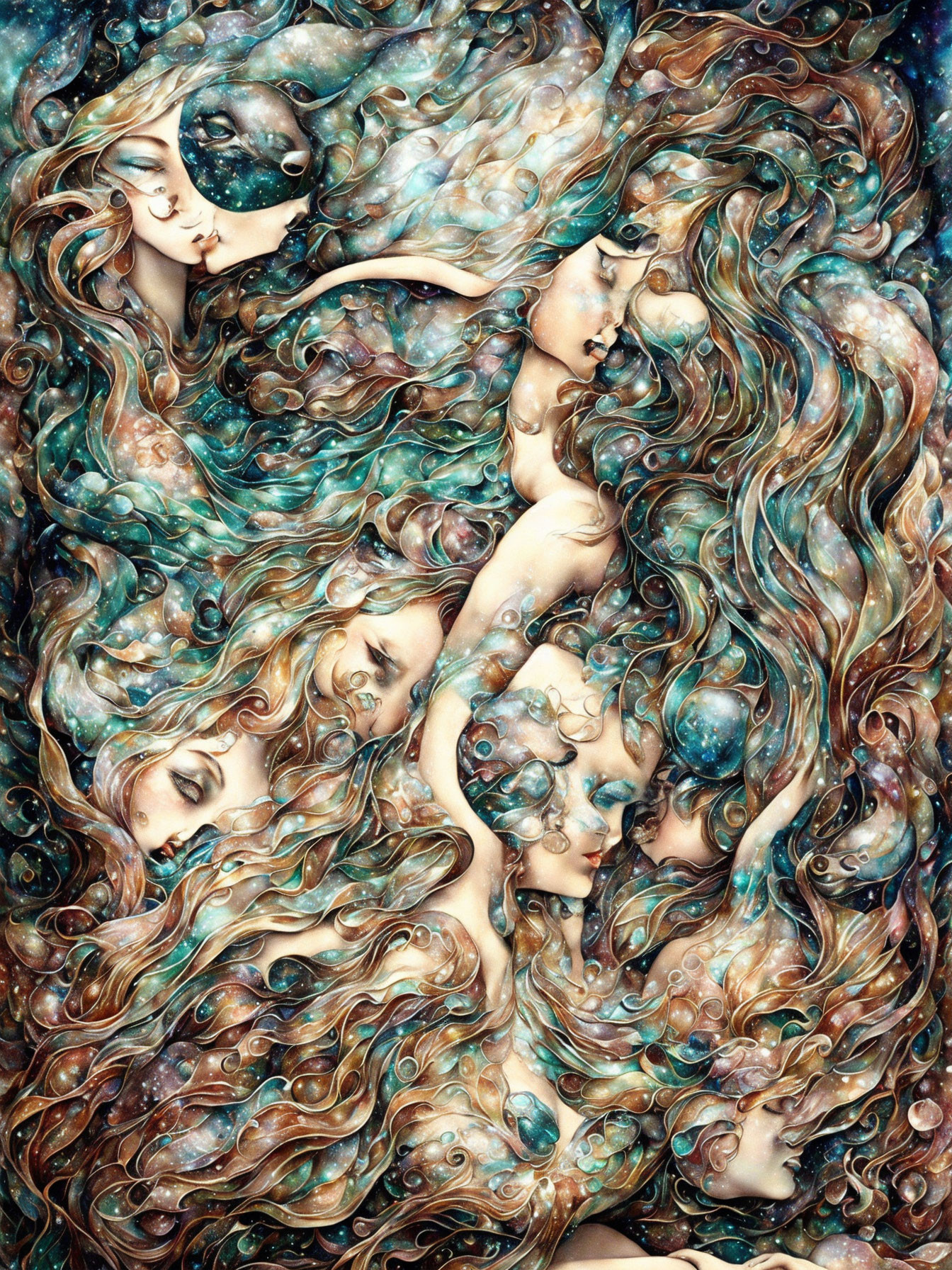 Colorful Artwork: Intertwined Women's Faces with Cosmic Elements