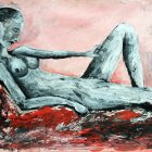 Vibrant pink and blue reclining figure in artistic rendering