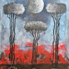 Surreal landscape with bare trees, multiple moons, fiery horizon, orbs, and craters