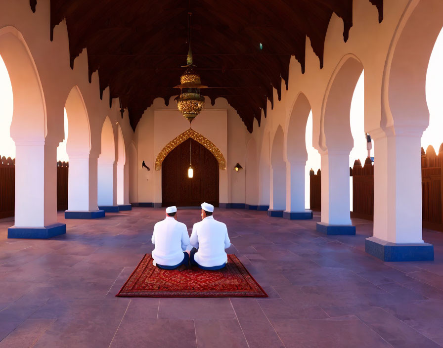 Traditional white attire individuals in mosque setting with red carpet and arched doorway