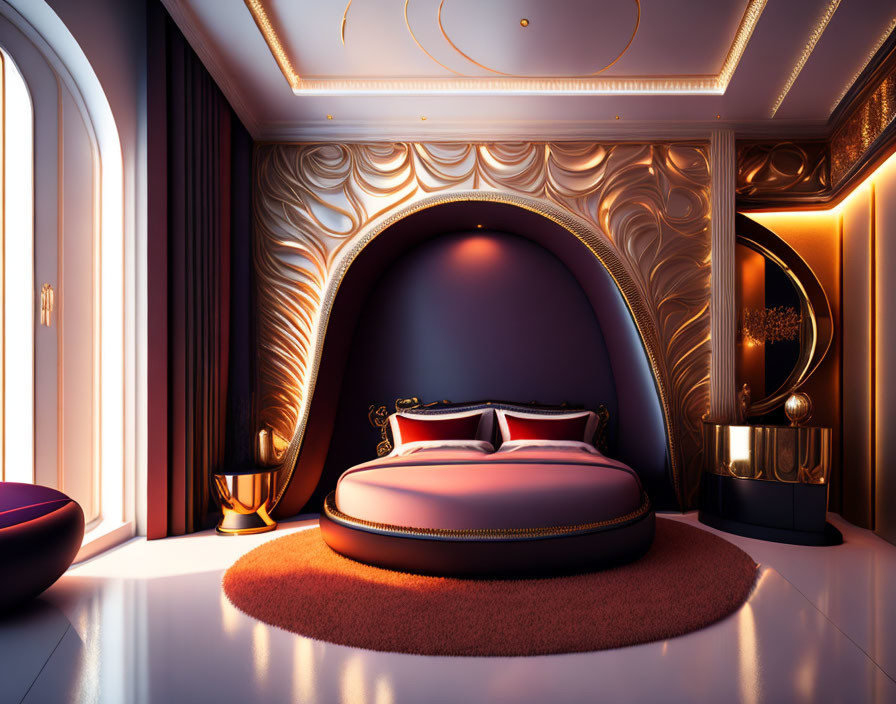 Opulent round bed in luxurious bedroom with gold accents